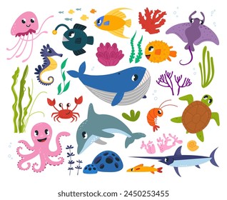 Ocean cute animals. Underwater life characters, marine plants and fish. Cartoon whale, shrimp and dolphin. Sea elements, classy vector collection