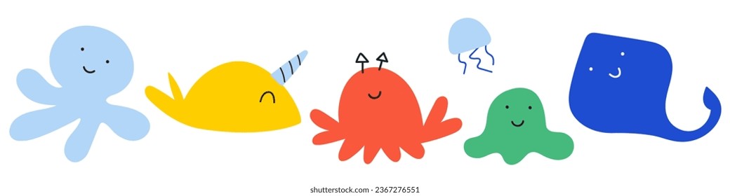 Ocean cute creatures. Flat design. Kids art. Hand drawn vector illustration for kids.