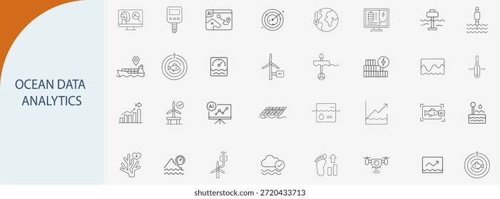 ocean data analytics and marine environment monitoring set, outline vector icons, black