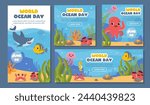 Ocean day banners set. Octopus, shark and fish near reefs and corrals. Underwater dwellers with flora and fauna, wild life. Cartoon flat vector collection isolated on blue background