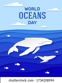 Ocean Day June 8th. Holiday poster design in paper style. Humpback whale with cubs deep in the ocean. Clouds over the sea. Vector illustration