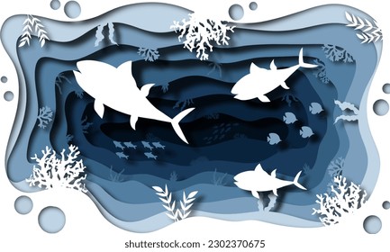 Ocean Day paper art concept. A celebration dedicated to help protect and conserve the world oceans, waters, ecosystems. Blue 3D folded paper craft paper of ocean waves, fish and plants.