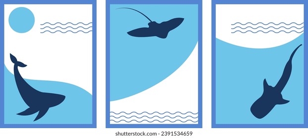 Ocean day poster set. Whale wall art banner. Minimal style underwater marine life template. Save oceans concept. Vector nautical banner collection.