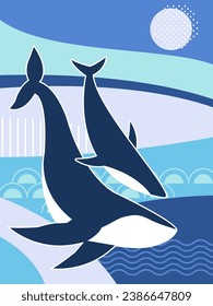 Ocean day poster. Two whales wall art poster. Save underwater marine life concept. Vector nautical banner. Great whale mother and baby.