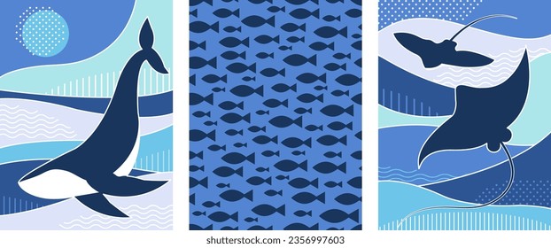 Ocean day set. Whale wall art poster. Save underwater marine life concept. Vector nautical banner collection.