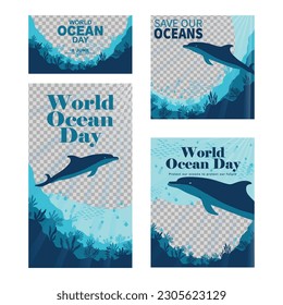 Ocean day Social media post feed. Set of Editable square, landscape, and portrait banner template design for Modern post on social media. minimalist theme background vector.