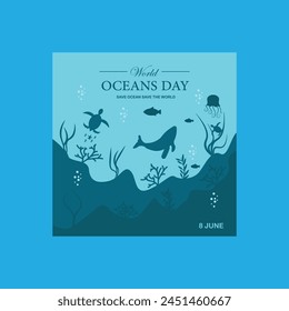 Ocean day social media post vector template with sea animal and bluewhile