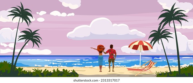 Ocean day view on the sand beach, couple in love, palms, , seashore, horizon