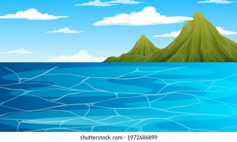 Ocean at daytime landscape scene with mountain background illustration