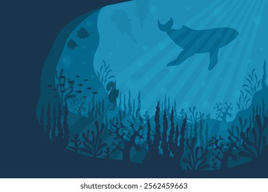 ocean depth with underwater flora and fauna silhouettes