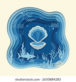 Ocean Depths Layered Paper Cut Art of Seashell and Shark