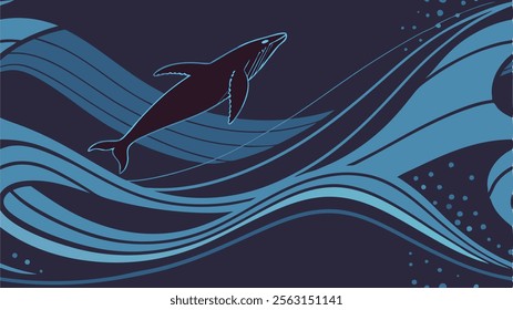 Ocean depths Minimalistic silhouette of a whale fish among the waves