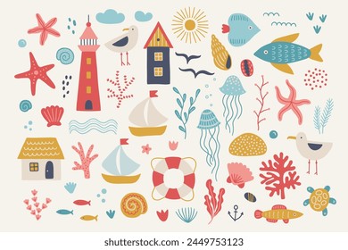 Design-Elemente - Fisch, Haus, Muschel, Koralle, Möwe, Qualle, Seetang, Sonne, Wolke, Seestern, Welle, Anker, Segelboot, Rettungsboot, Schildkröte, Blase, Leuchtturm im skandinavischen Stil. 