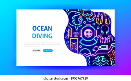 Ocean Diving Neon Landing Page. Vector Illustration of Scuba Diver Promotion.