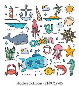 Ocean doodle hand drawn vector clip art objects illustration