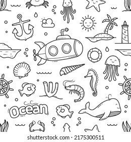 Ocean doodle seamless pattern background vector illustration