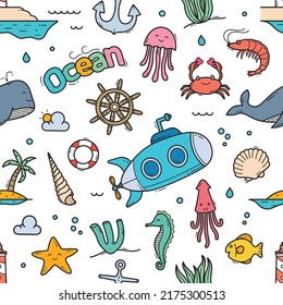 Ocean doodle seamless pattern background vector illustration