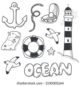 Ocean doodle sketch element vector set isolated on a white background.