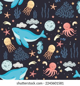 Ocean dreaming, seamless pattern with hand drawn vector illustrations with underwater life