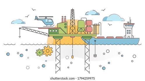 Ocean drilling platform with oil rig, tanker and fuel pump outline concept. Fossil energy research as nature resource supply vector illustration. Earth pollution industry with refinery on water scene.