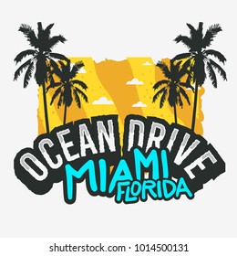 Ocean Drive Miami Beach Florida Summer Poster Design With Palm Trees Illustration. Vector Graphic.