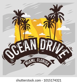 Ocean Drive Miami Beach Florida Summer Design With Palm Trees Illustration. Vector Graphic.