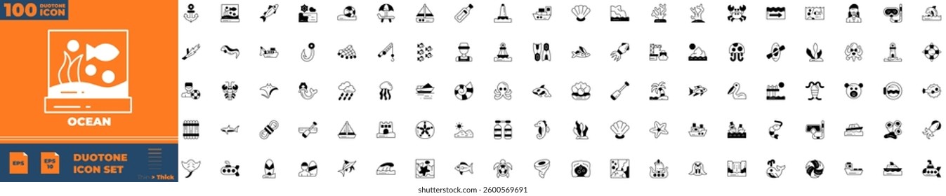 Ocean Duotone Editable Icons set. Vector illustration in modern thin duotone style of ocean icons: sea, swim, island, etc