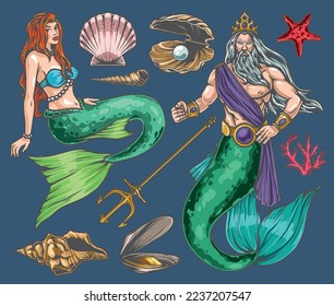 Ocean dwellers colorful set stickers with fictional characters mermaid and Poseidon living at bottom of sea and shells vector illustration