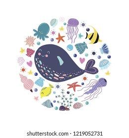 Ocean dwellers, marine mammals, whale, jellyfish, octopus, fish and shells in a circular concept with the addition of air bubbles