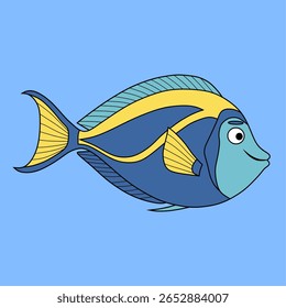 Elegancia del océano: Blue Tang Fish Single-Line Art linework boceto dibujado a mano pluma dibujo de fondo de Ilustración vectorial