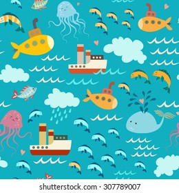 Ocean element, baby decorative vector seamless pattern