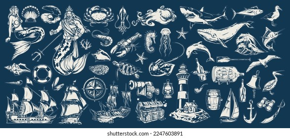 Ocean elements monochrome labels set decorations for books about marine life with fish and ships or underwater animals vector illustration