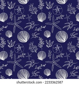 Ocean Elements, Shells, Starfish Repeating Seamless Pattern