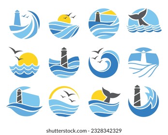 Ocean emblem. Sea waves with seagulls, lighthouse icon and whale tail silhouette vector illustration set. Flowing water with wavy surface, sunrise. Aquatic environment logo collection