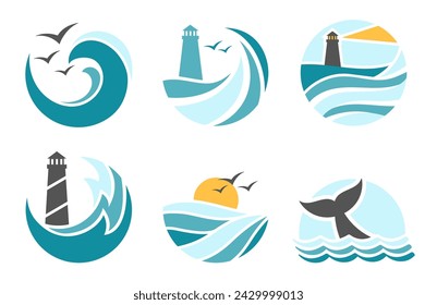 Ocean emblem, sea waves with seagulls, lighthouse icon. Aquatic environment with flying birds and sunset. Tropical summer climate, seascape paradise isolated set vector illustration