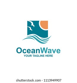 ocean emblem with waves, sun and seagulls