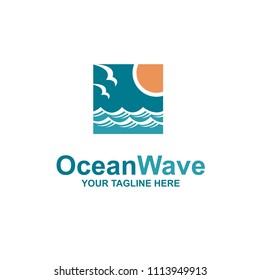ocean emblem with waves, sun and seagulls