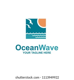 ocean emblem with waves, sun and seagulls