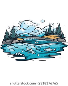 ocean at the end of the river, mountain River illustration 