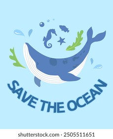 Ocean Environmental Protection Logo Illustration with Whales and Marine Life