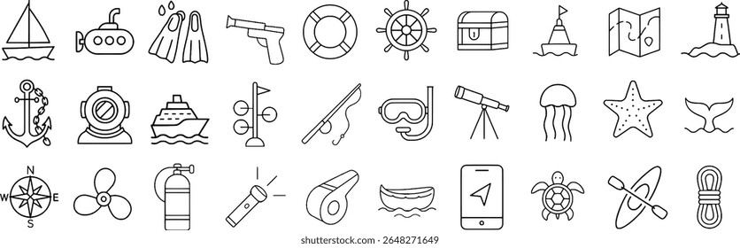 Ocean Exploration Icon Pack - Estilo de Contorno Com Veleiros, Submarinos, Âncoras e Mais