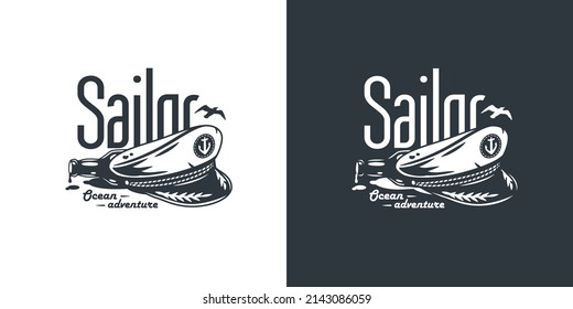 Ocean explorer sailor logo. Marine skipper cap or captain hat. Nautical wanderlust and adventure illustration