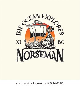 Der Ocean Explorer ist ein Viking Schiff Vektor Logo Illustration mit Vintage-Stil
