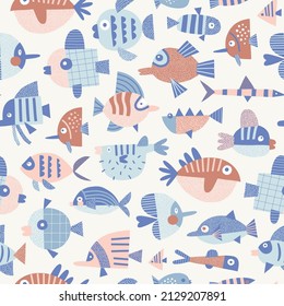 Ocean fancy fish vector seamless pattern. Under the sea life background. Scandinavian decorative childish surface design for nautical nursery and navy kids fabric.