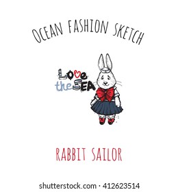 Ocean fashion sketch: rabbit sailor. Hand drawn graphic artistic cartoon sea baby symbol in retro style. Isolated element on white background. Simple greeting card or flyer.