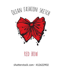 Ocean fashion sketch: red bow. Hand drawn graphic artistic cartoon sea baby symbol in retro style. Isolated element on white background. Simple greeting card or flyer.