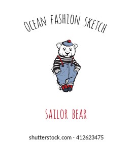 Ocean fashion sketch: sailor bear. Hand drawn graphic artistic cartoon sea baby symbol in retro style. Isolated element on white background. Simple greeting card or flyer.