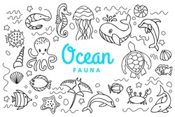 Ocean Fauna Cute Cartoon Doodle Set. Aquatic Sea Fauna. Vector Under Water Inhabitants Life. Octopus, Whale, Turtle, Dolphin, Seahorse, Crab, Shark, Etc Aquatic Underwater Animals