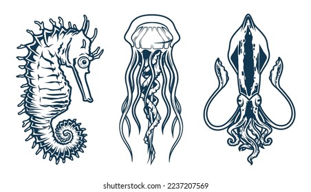 Ocean fauna monochrome set stickers for seafood with seahorse or underwater jellyfish and octopus with tentacles vector illustration