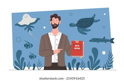 Ocean Fauna Scientist Concept. Young Male Ichthyologist Holds Red Book With Endangered Species Of Animals. Zoologist Studies Rare Fish And Marine Life. Cartoon Contemporary Flat Vector Illustration